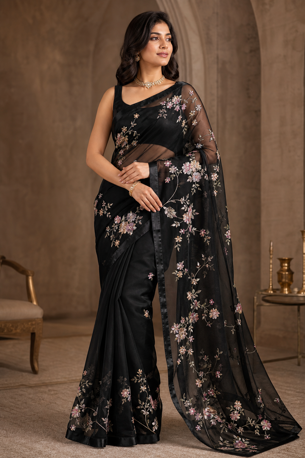 Black Floral Organza Saree