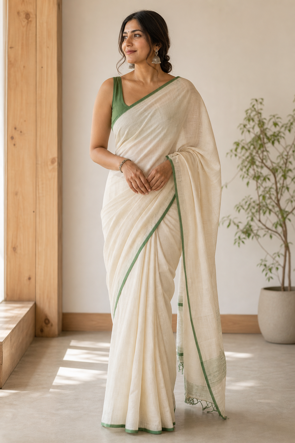 Ivory Linen Cotton Saree