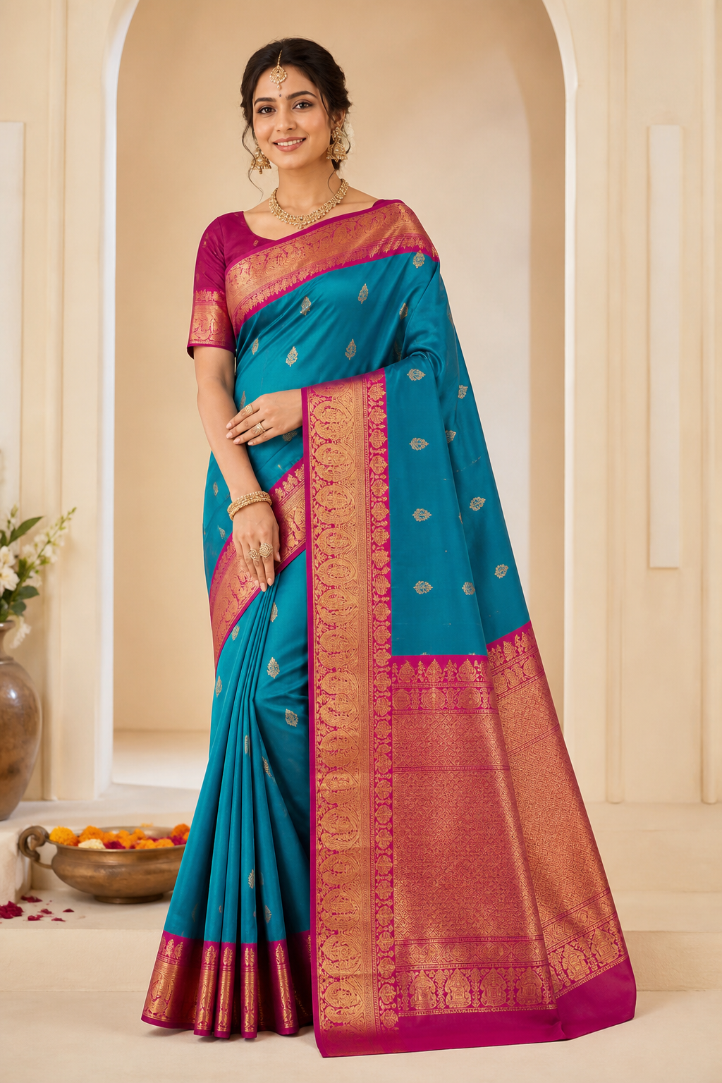 Teal Kanjeevaram Silk Saree